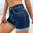 PETITE Shorts en mezclilla de talle alto bajo de doblez