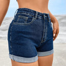 PETITE Shorts en mezclilla de talle alto bajo de doblez