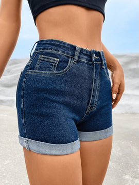 PETITE Shorts en mezclilla de talle alto bajo de doblez