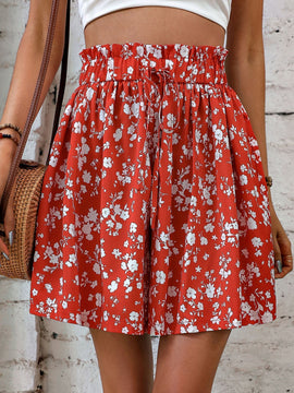 VCAY Shorts de pierna ancha con estampado floral de cintura con volante con cordon delantero