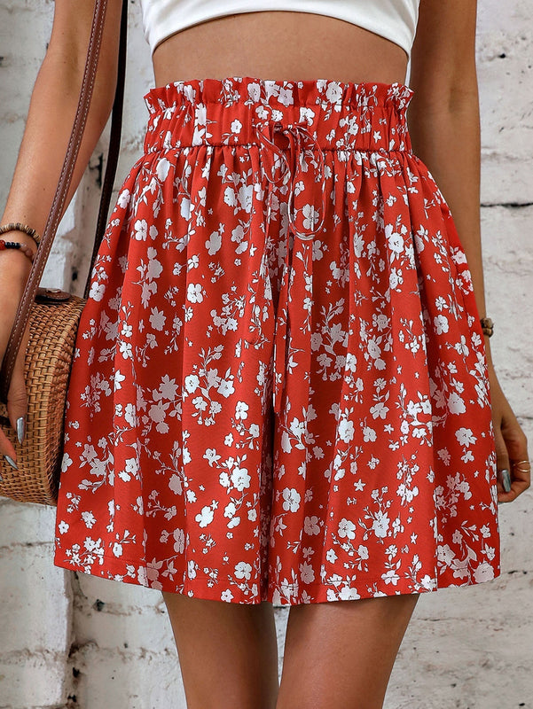 VCAY Shorts de pierna ancha con estampado floral de cintura con volante con cordon delantero