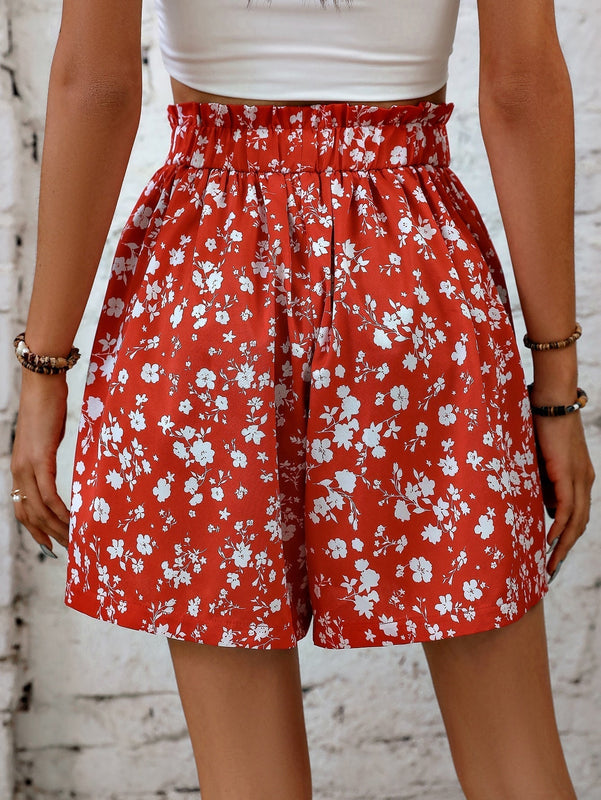 VCAY Shorts de pierna ancha con estampado floral de cintura con volante con cordon delantero