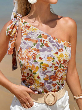 Frenchy Blusa con estampado floral de un hombro con diseno de nudo