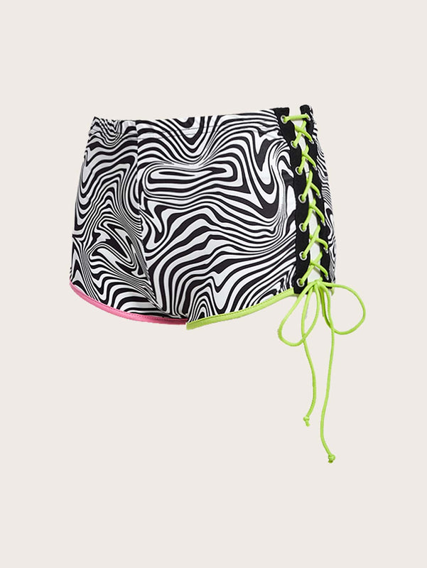 ICON Traje de bano de verano para playa con estampado marmol en estilo rave, cordones luminosos en los costados y detalles de contraste en los bordes de los shorts