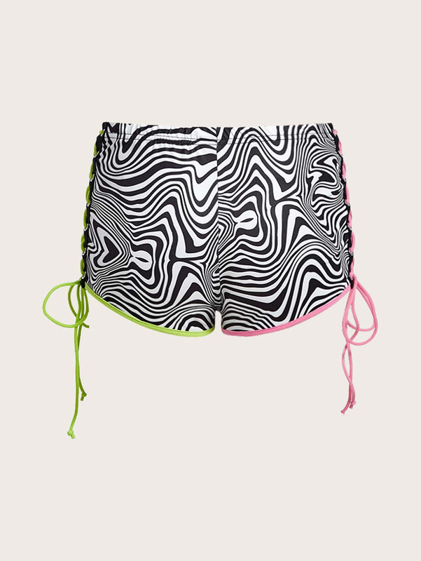 ICON Traje de bano de verano para playa con estampado marmol en estilo rave, cordones luminosos en los costados y detalles de contraste en los bordes de los shorts