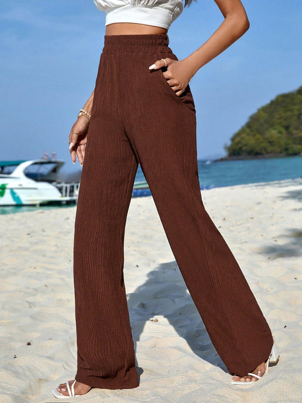 Pantalones casuales de pierna recta y cintura alta con bolsillos diagonales dobles
