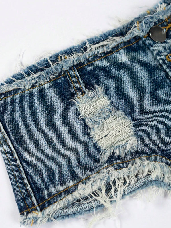 Eilly Bazar Shorts De Mezclilla Rasgados Con Dobladillo Crudo Y Ajuste Acampana