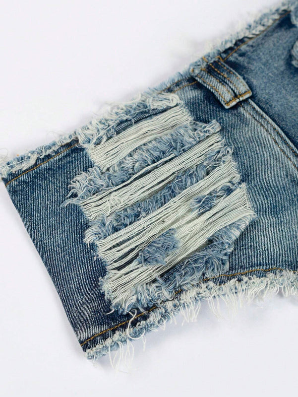 Eilly Bazar Shorts De Mezclilla Rasgados Con Dobladillo Crudo Y Ajuste Acampana
