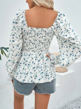 VCAY Blusa peplum con estampado floral de manga con volante