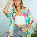 X Care Bears Camisa casual de verano con estilo de resort, plantas tropicales, oso arco iris y unicornio fantasia, dopamina