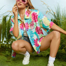X Care Bears Camisa casual de verano con estilo de resort, plantas tropicales, oso arco iris y unicornio fantasia, dopamina