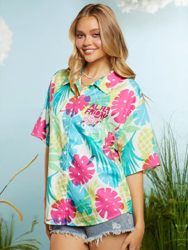 X Care Bears Camisa casual de verano con estilo de resort, plantas tropicales, oso arco iris y unicornio fantasia, dopamina