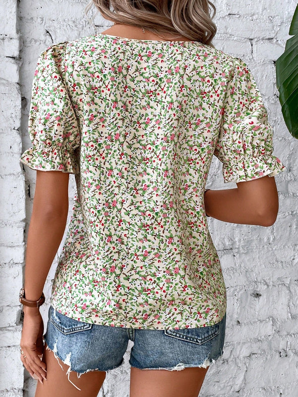 LUNE Blusa con estampado floral de cuello cuadrado de manga farol