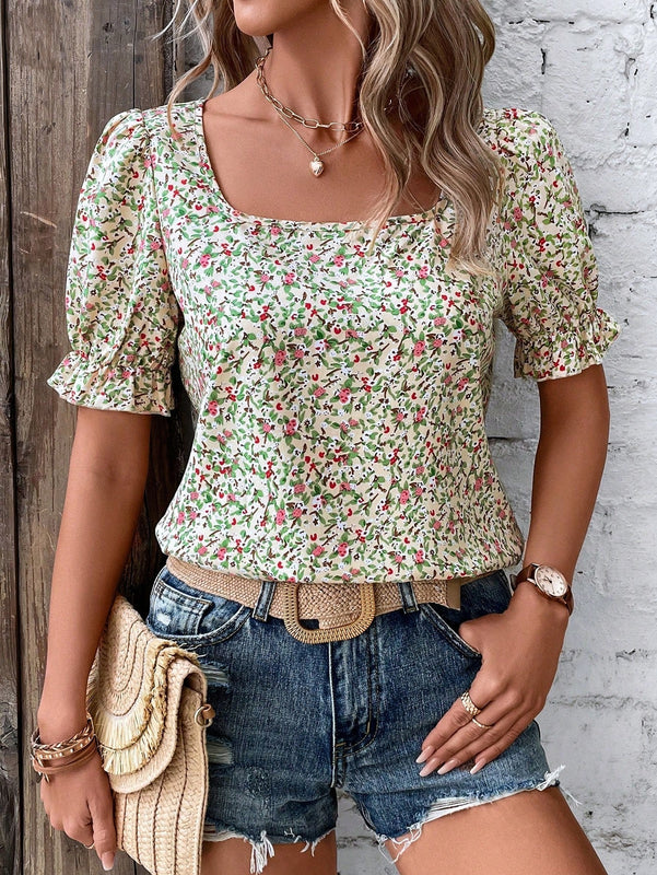 LUNE Blusa con estampado floral de cuello cuadrado de manga farol