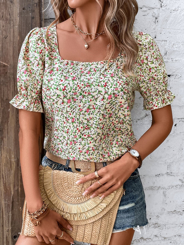 LUNE Blusa con estampado floral de cuello cuadrado de manga farol