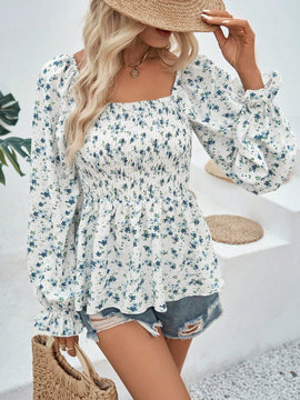 VCAY Blusa peplum con estampado floral de manga con volante