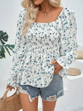 VCAY Blusa peplum con estampado floral de manga con volante
