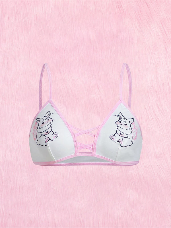 ROMWE Kawaii Sujetador con estampado de dibujos animados unido en contraste con tira cruzada