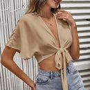 VCAY Camisa crop de manga murcielago con nudo delantero