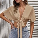 VCAY Camisa crop de manga murcielago con nudo delantero