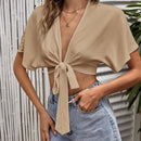 VCAY Camisa crop de manga murcielago con nudo delantero