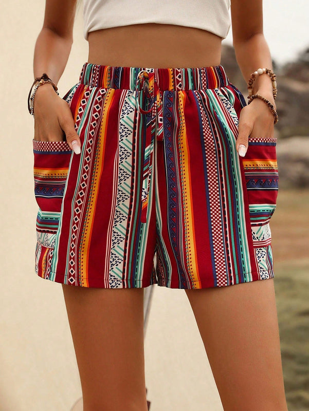 VCAY Shorts con estampado geometrico con doble bolsillo con nudo delantero