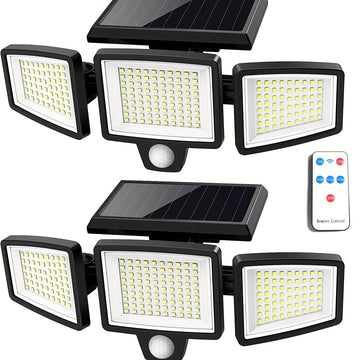 Paquete de 2/1 Lámpara Solar Exterior con Control Remoto, Luz de Seguridad de 210 LED con Sensor de Movimiento y Tres Cabezas, Ángulo Amplio de 270°, Resistente al Óxido, 3 Modos