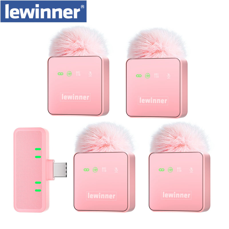Microfonos Inalámbricos Profesionales Lewinner de 4 Piezas - Conexión USB-C, Reducción de Ruido, Diseño con Pinza y Pompóns Suaves, Rosa, Ideales para Karaoke, Transmisiones en Vivo y Grabación de Vídeo