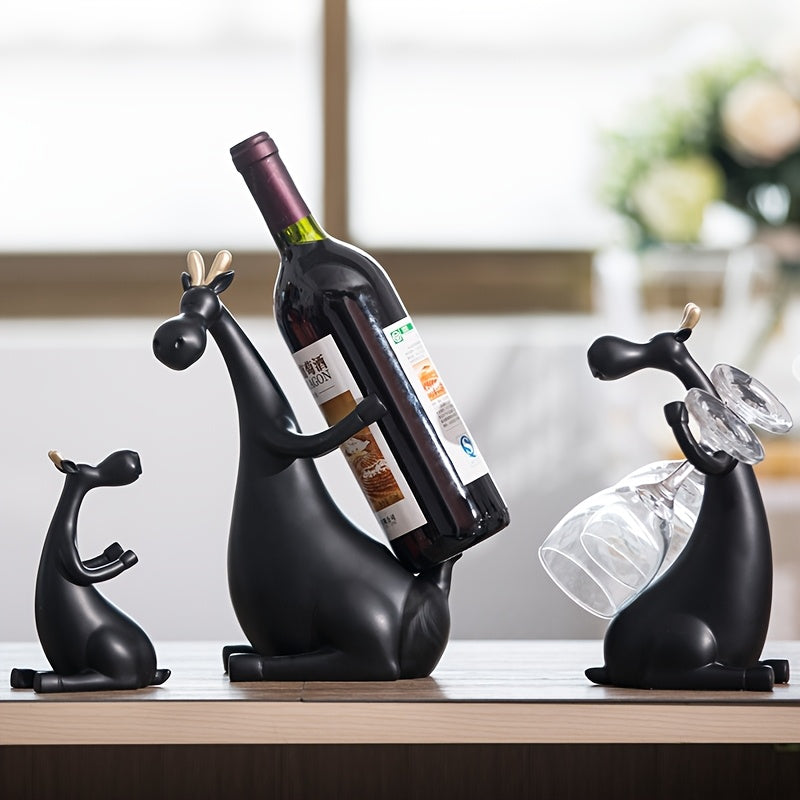 1pc Estatua de Alce de Resina Negra de Lujo para Familia de 3 - Pintada a Mano, Decoración Multifuncional para el Hogar con Exhibición de Vidrio y Botella, Ideal para Regalos de Navidad, San Valentín y Acción de Gracias, Decoración de Alce