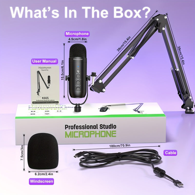Micrófono USB Condensador, Kit de Micrófono para Juegos Haomuren con Brazo de Soporte, Micrófono Supercardioid con Botón de Silencio, Perilla de Aumento de Volumen de Eco, Ajuste de Monitor para Teléfono, PC, Computadora, Tableta, Streaming, Grabación, P
