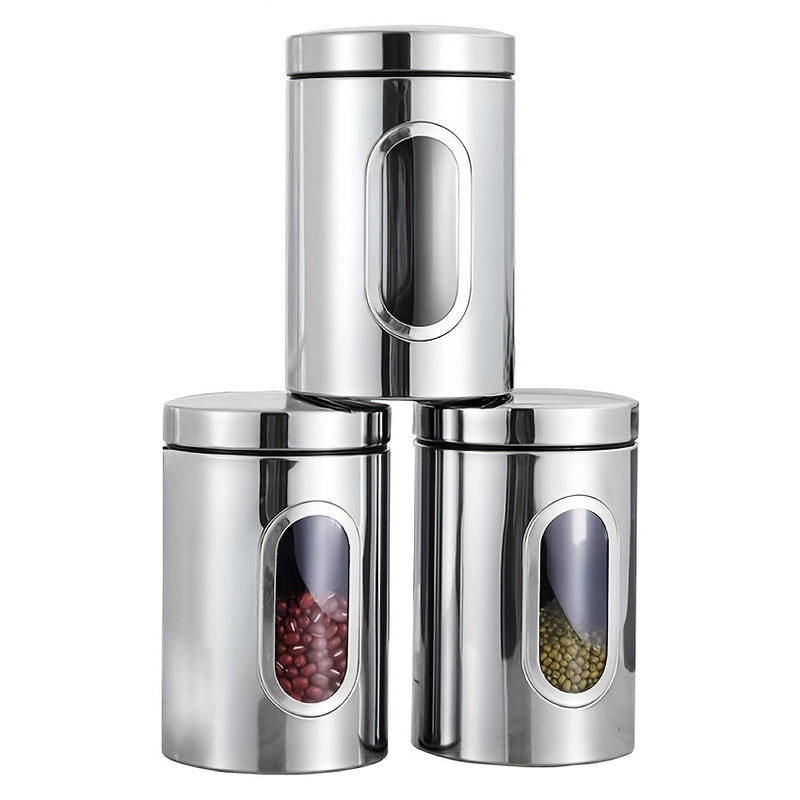 3 contenedores de acero inoxidable con ventana visible - Ideales para café, té, azúcar y granos - Reutilizables, organizador redondo de cocina con tapas abatibles, solución de almacenamiento para cocina|Vajilla moderna|Vajilla duradera