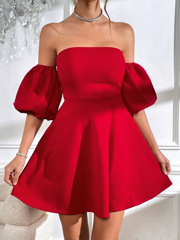Vestido de hombros descubiertos de manga farol de espalda abierta con cordon