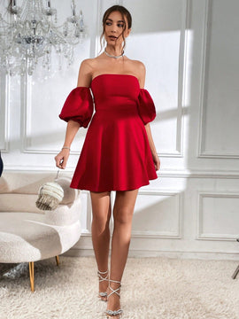 Vestido de hombros descubiertos de manga farol de espalda abierta con cordon