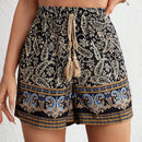 VCAY Shorts con estampado de paisley con fleco de cintura con cordon