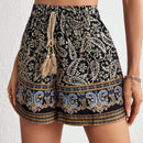 VCAY Shorts con estampado de paisley con fleco de cintura con cordon