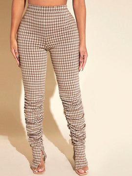 SXY Pantalones apilados con estampado de guingan fruncido bajo con abertura