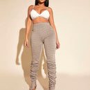 SXY Pantalones apilados con estampado de guingan fruncido bajo con abertura