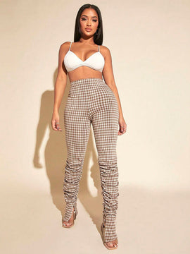 SXY Pantalones apilados con estampado de guingan fruncido bajo con abertura