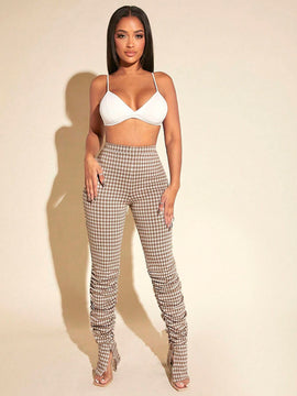 SXY Pantalones apilados con estampado de guingan fruncido bajo con abertura