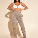 SXY Pantalones apilados con estampado de guingan fruncido bajo con abertura