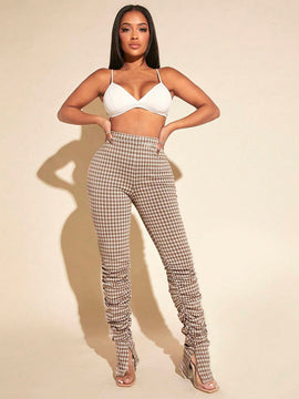 SXY Pantalones apilados con estampado de guingan fruncido bajo con abertura
