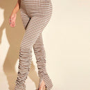 SXY Pantalones apilados con estampado de guingan fruncido bajo con abertura
