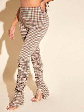 SXY Pantalones apilados con estampado de guingan fruncido bajo con abertura