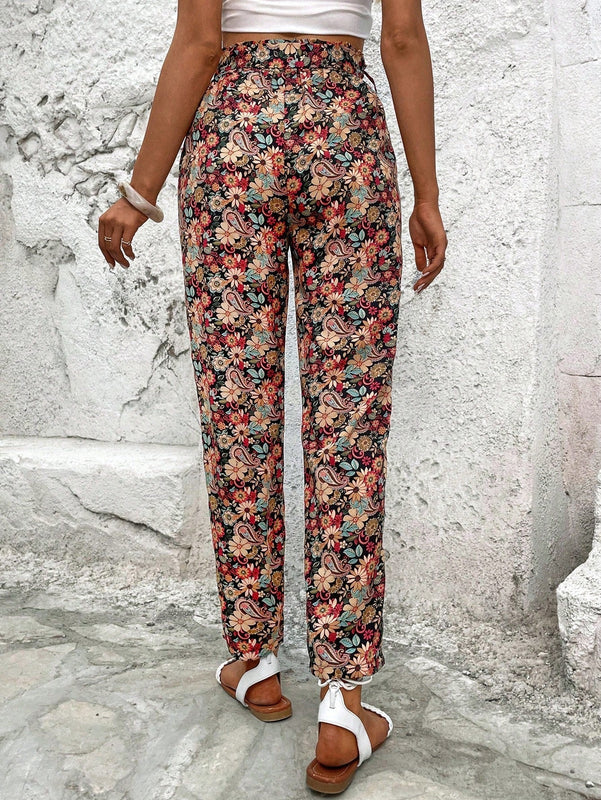 Vcay pantalones con estampado floral con cinturon