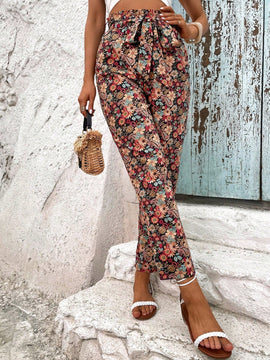 Vcay pantalones con estampado floral con cinturon