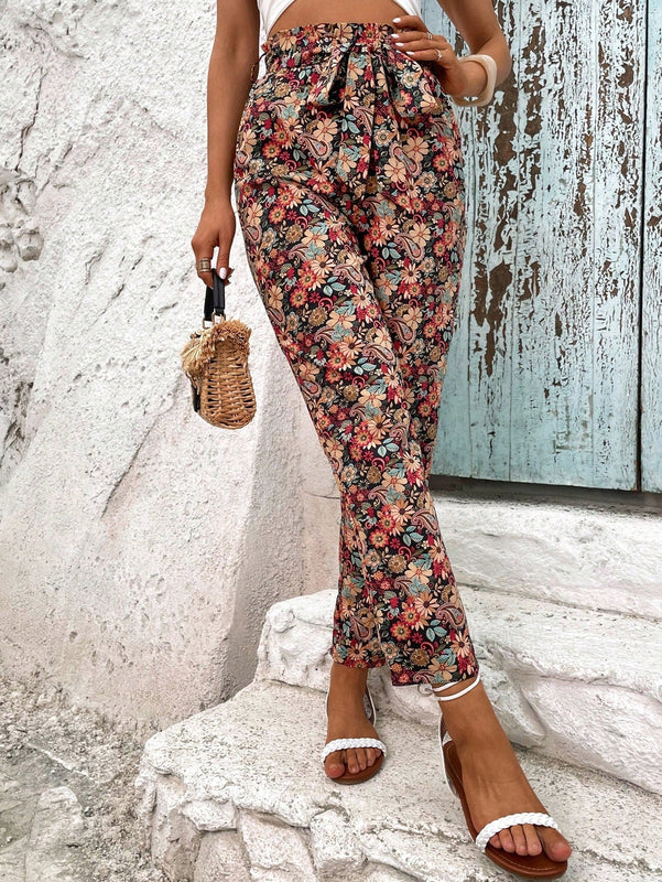 Vcay pantalones con estampado floral con cinturon