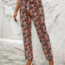 Vcay pantalones con estampado floral con cinturon