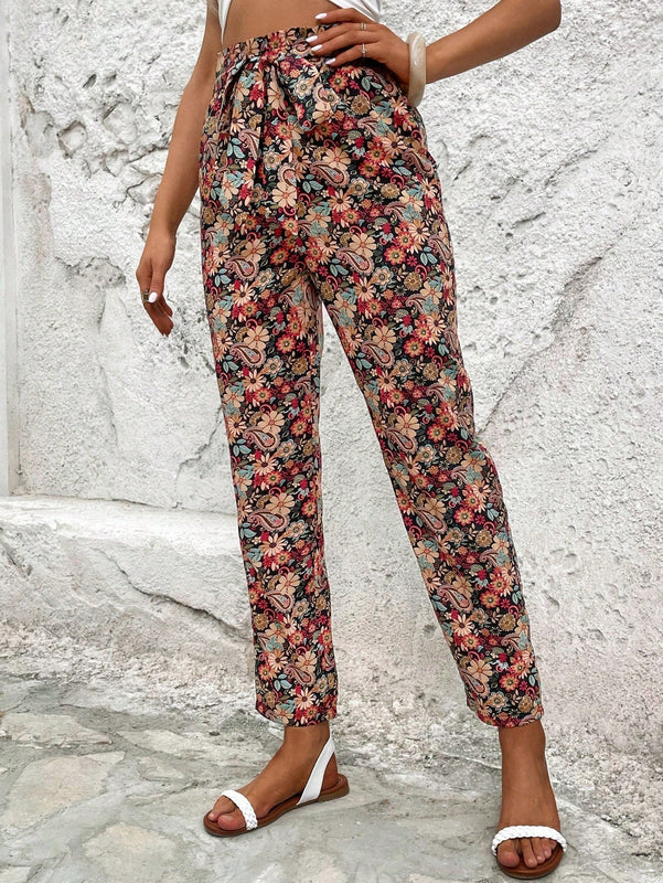 Vcay pantalones con estampado floral con cinturon