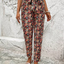 Vcay pantalones con estampado floral con cinturon