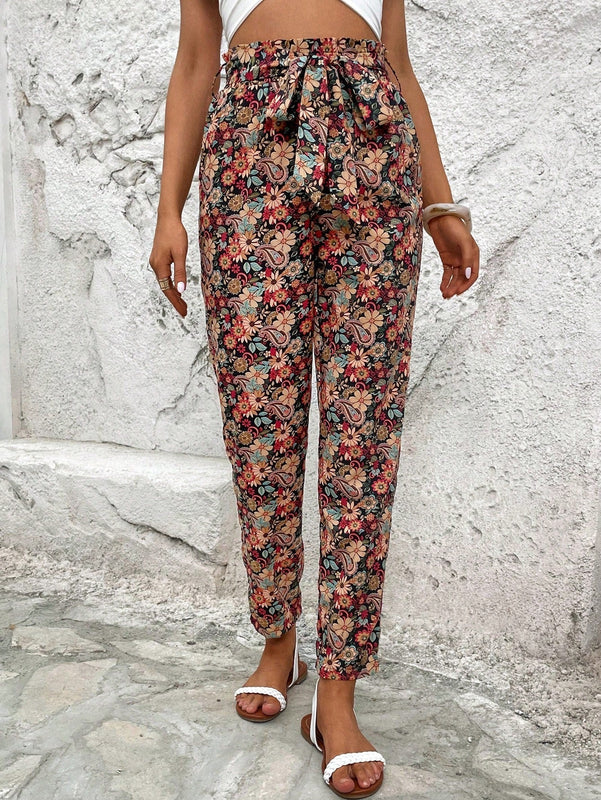 Vcay pantalones con estampado floral con cinturon